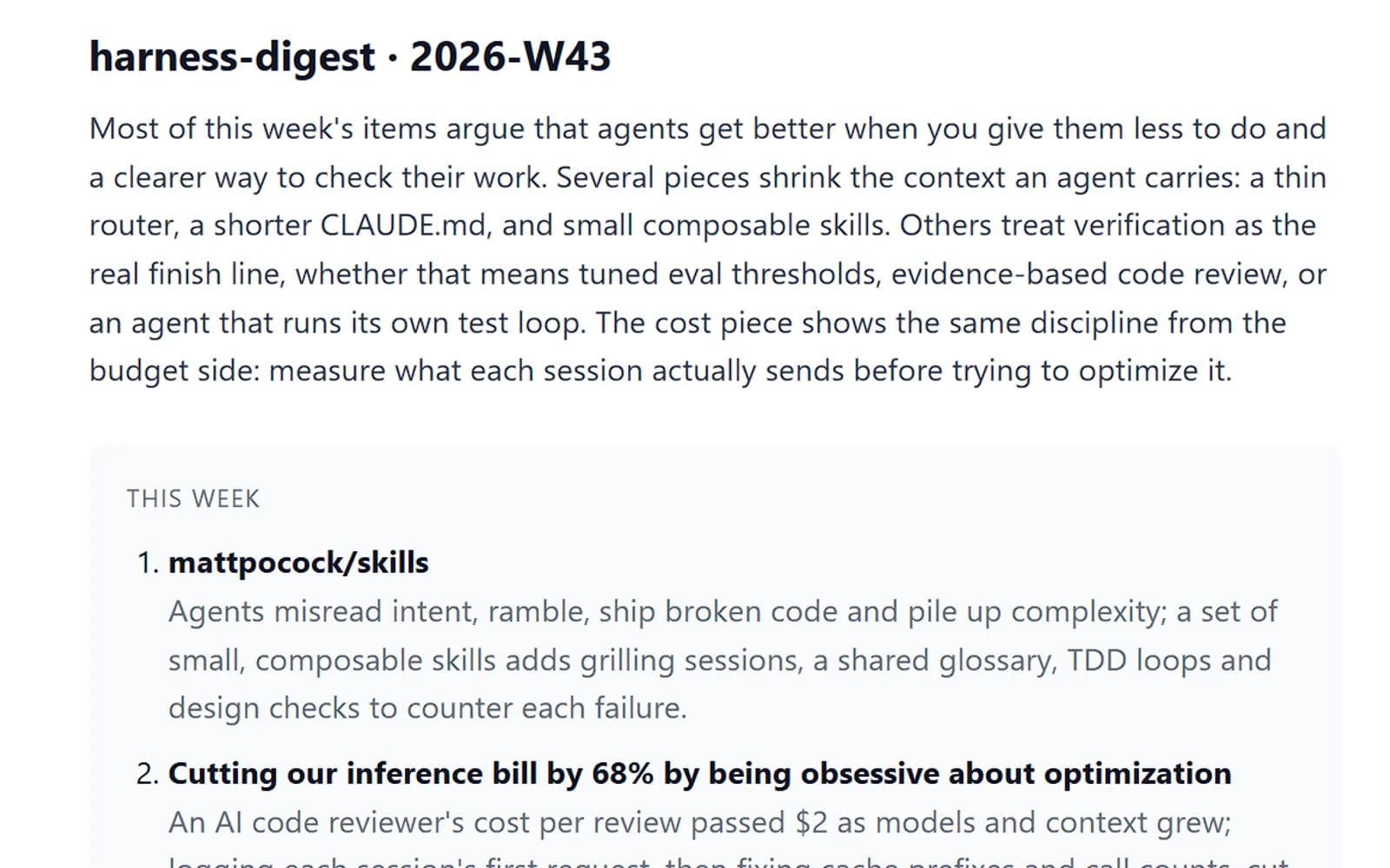 The first harness-digest email, 2026-W43: a short intro on giving agents less to do and clearer ways to check their work, above a numbered list of this week’s picks.