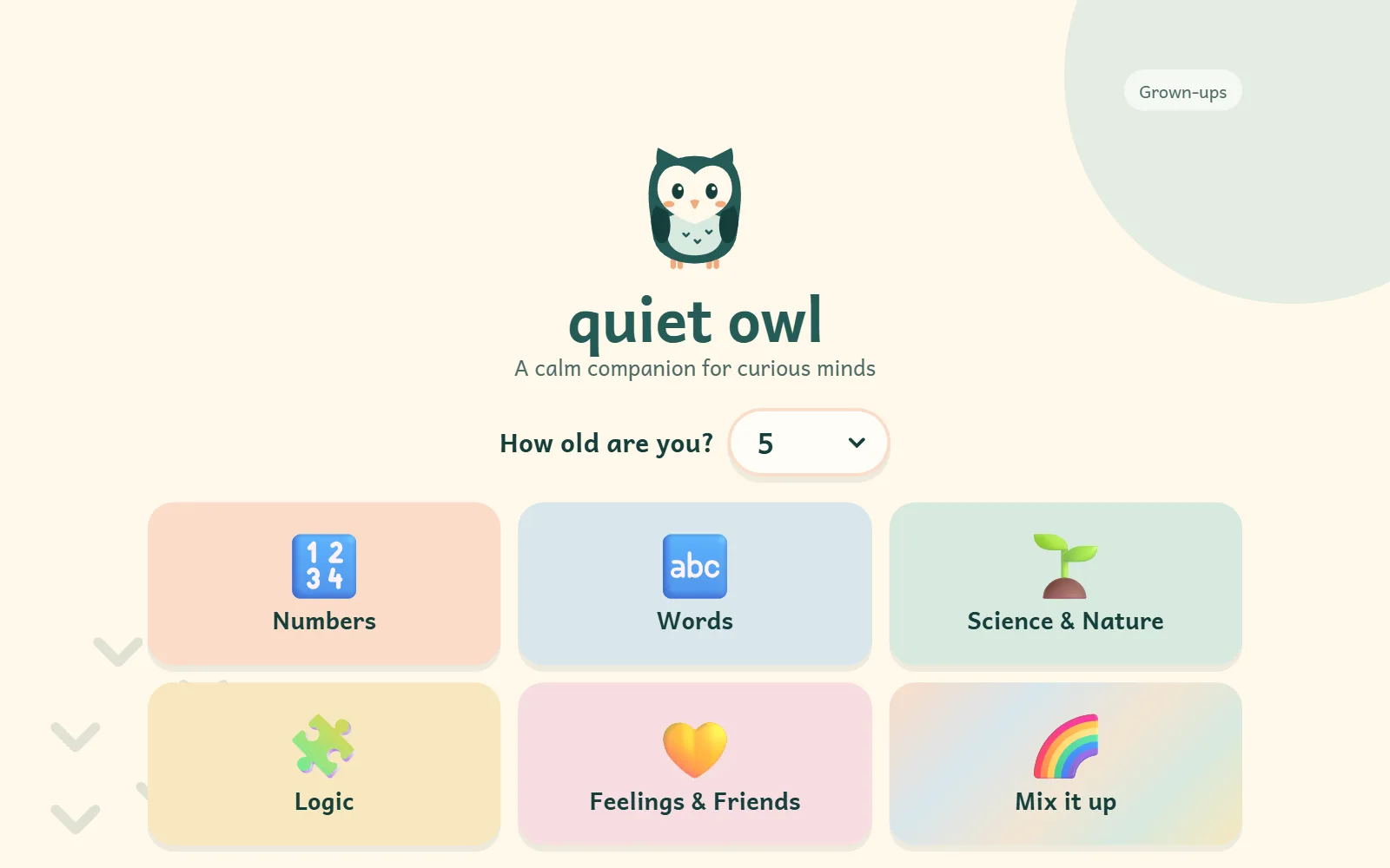 Quiet Owl homepage: an owl mascot above “How old are you?” and pastel topic tiles for Numbers, Words, Science & Nature, Logic, Feelings & Friends and Mix it up.