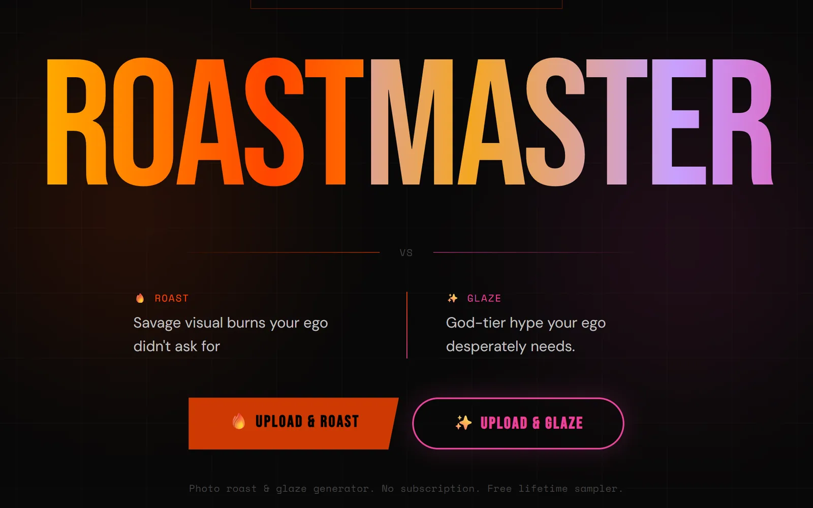 RoastMaster homepage: a large orange-to-purple wordmark with Upload & Roast and Upload & Glaze buttons.